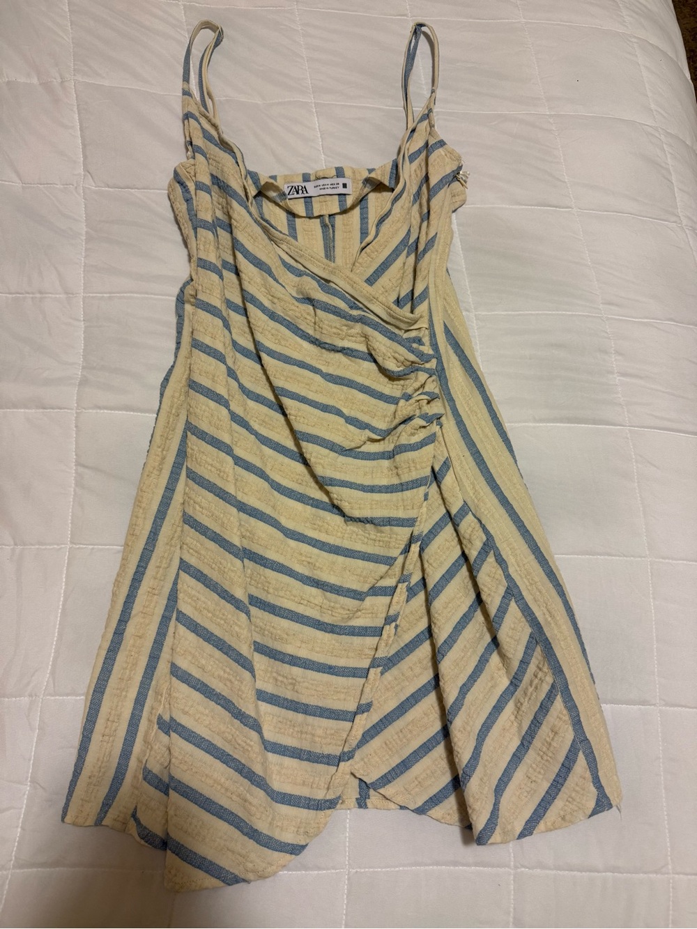 ZARA Cream and Blue Striped Mini Wrap Dress